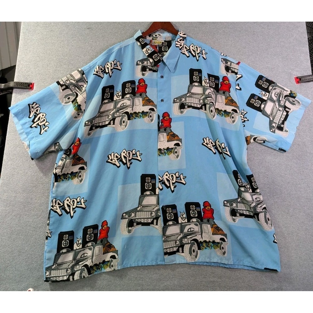Up Ro's Vintage Y2K Hip Hop Button Shirt Men's 4XL Jeep‎ Graphic Blue Streetwear